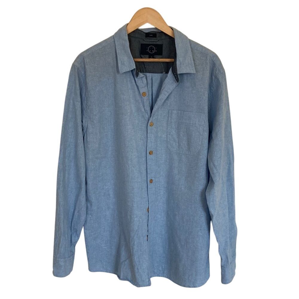 Even Tide Slim Long Sleeve Button Front Shirt in Blue Size‎ XL